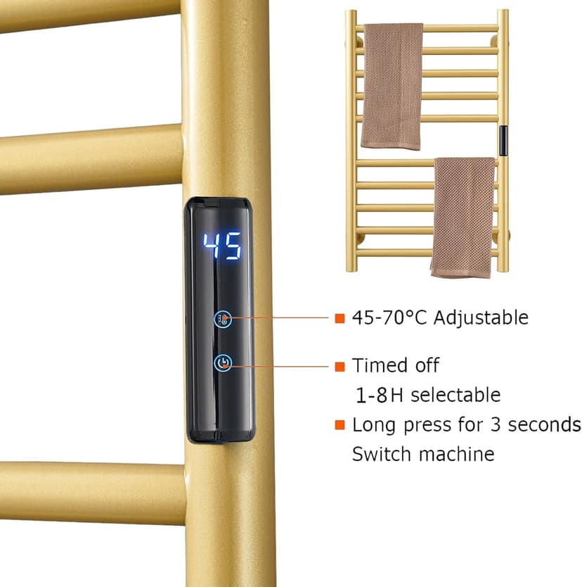 Gold Heated Towel Warmer Radiator Bathroom Accessories, Built-in Timer Temperature Control 10 Bars Electric Heated Towel Racks for Bathroom, Stainless Steel Towel Warmer Drying Rack, (Hardwired)