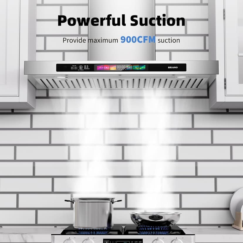 BRANO 30 Inch Wall Mount Range Hood 900 CFM with Voice/Gesture/Touch Control, Stainless Stee Ducted Kitchen Hood Vent with 4 Speed Exhaust Fan, Memory Mode, Adjustable Lights