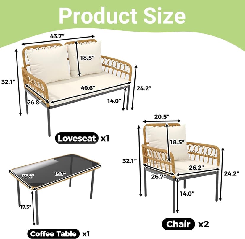 IDEALHOUSE 4-Piece Outdoor Patio Furniture Set, All-Weather PE Rattan Wicker Loveseat & Chairs with Glass Coffee Table & Steel Frame, Boho Conversation Set for Patio, Balcony, Backyard, Beige