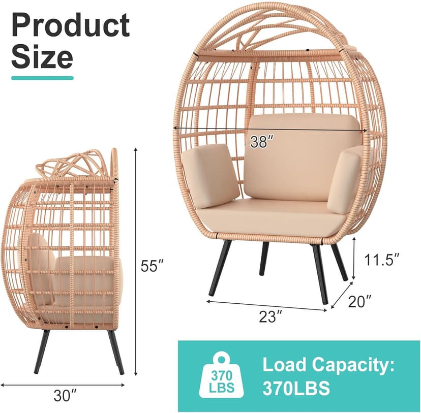 ZENPETIO Oversized Egg Chair, Indoor Outdoor Lounger with 4 UV Resistant Cushions, Storage Bag, All-Weather Wicker Egg Lounger Chair for Patio, Backyard, Living Room, 370lbs Capacity - Brown