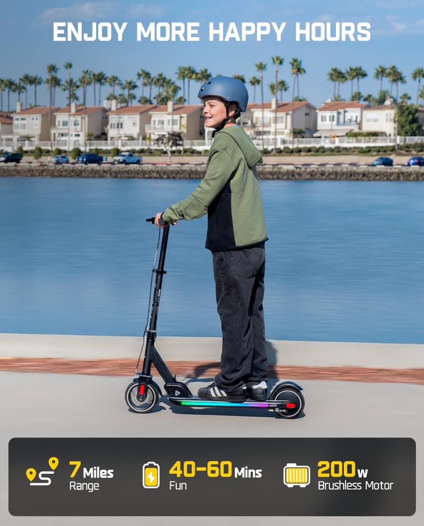 FanttikRide T9 Apex Electric Scooter for Kids 4.3-5.6 ft, 200 W Motor, LED Colorful Lights with Bluetooth Music Speaker, 7/10/12 MPH Digital Display, Adjustable Height, Foldable, Up to 40 mins