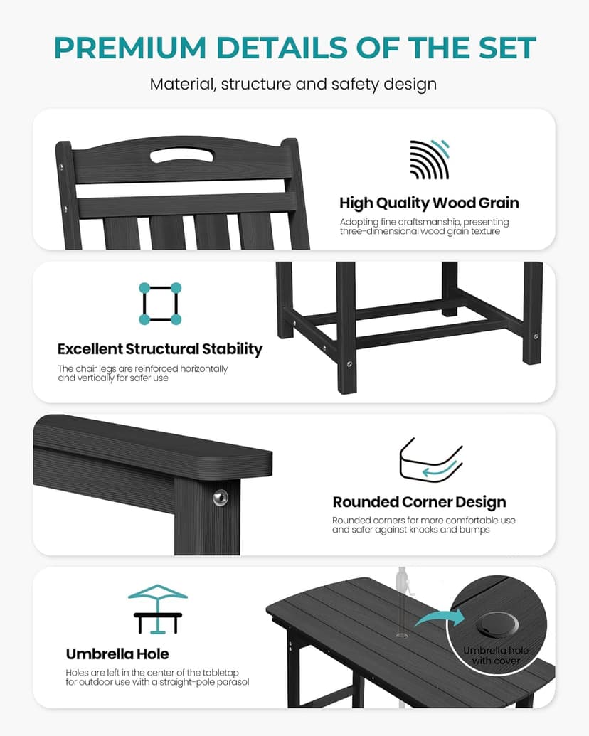 HDPE Outdoor Dining Set, 7 Piece Patio Table and Chairs Set with 2" Umbrella Hole, All Weather Patio Furniture for 6 Person in Garden, Backyard, Deck | Matte Black