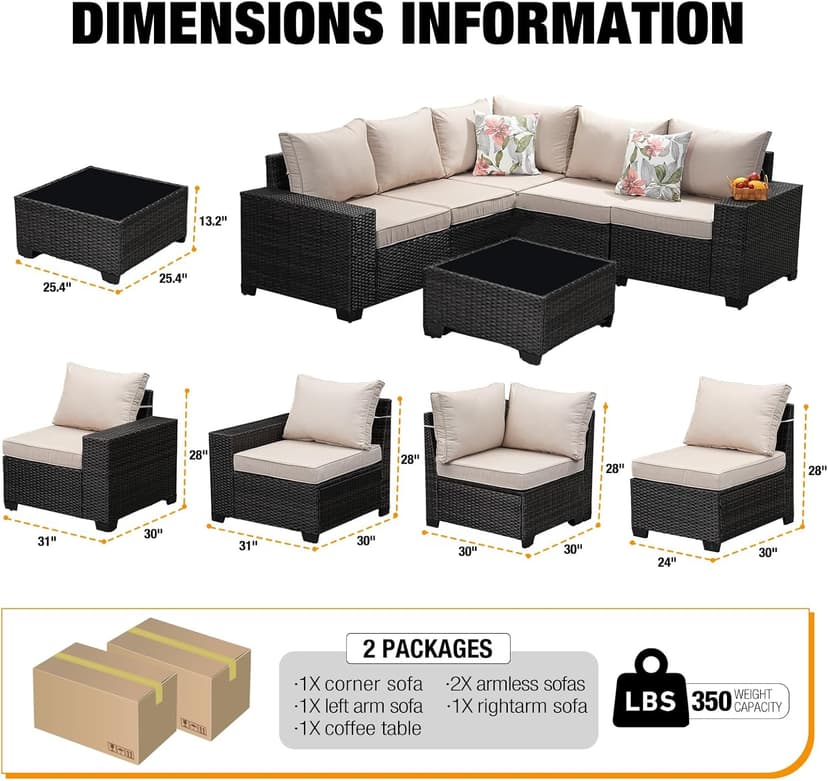 6 Pieces Patio Furniture Set All-Weather Outdoor Wicker Sectional Conversation Sofa Rattan Patio Seating Sofa with Cushion and Glass Table for Porch Poolside,Beige