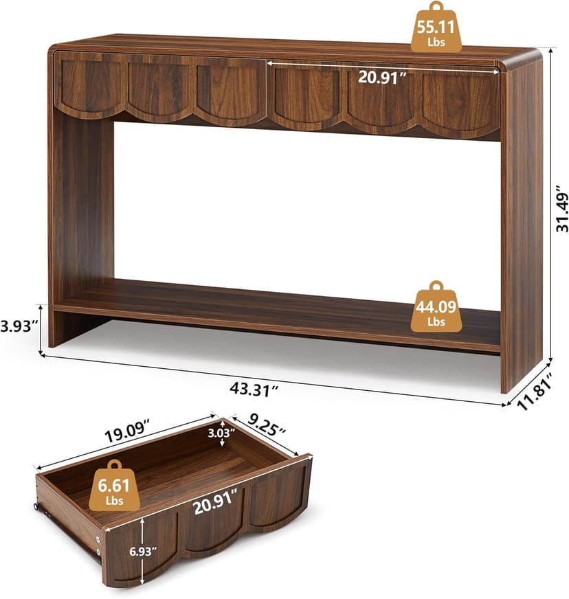 Console Table with Drawers, Mid-Century 43 Inches Narrow Entryway Tables with Open Storage Shelves, Hallway Accent Tables Behind Couch Table for Living Room - Walnut