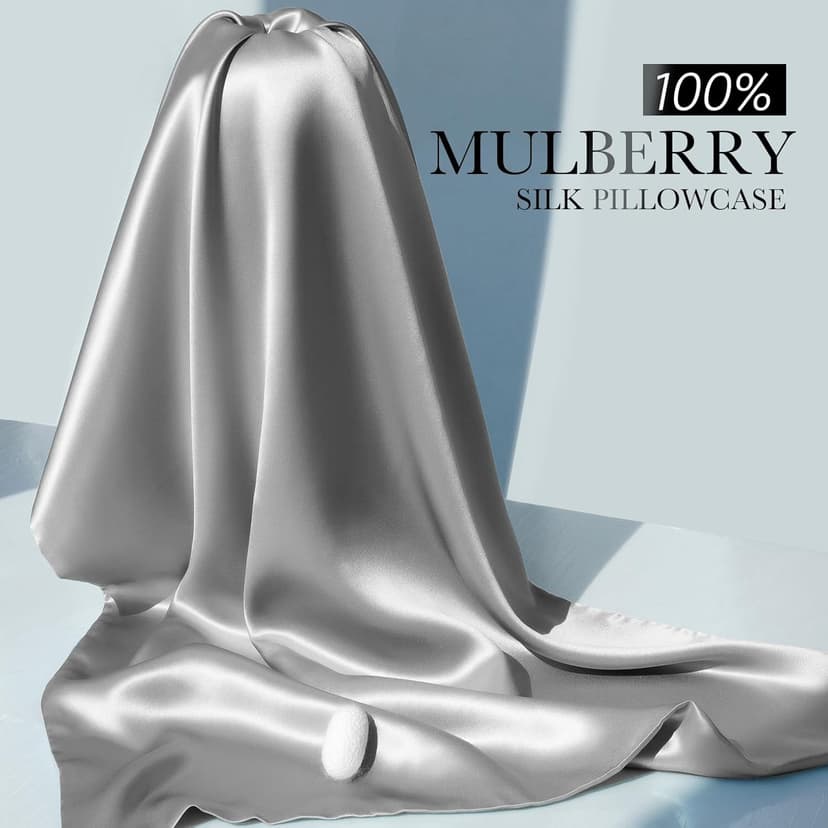 100% Mulberry Silk Pillowcase for Hair and Skin, 22 Momme Pure Natural Silk Pillow Case Both Sided with Zipper, Pillow Cover for Women Mom Men(Silver Grey, Standard 20''×26'')