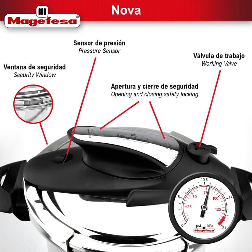 Magefesa Nova 4.2 Qt Stovetop Pressure Cooker – Fast Cooking, Easy Locking, 18/10 Stainless Steel, Induction Compatible, 5 Safety Features, 11.6 PSI
