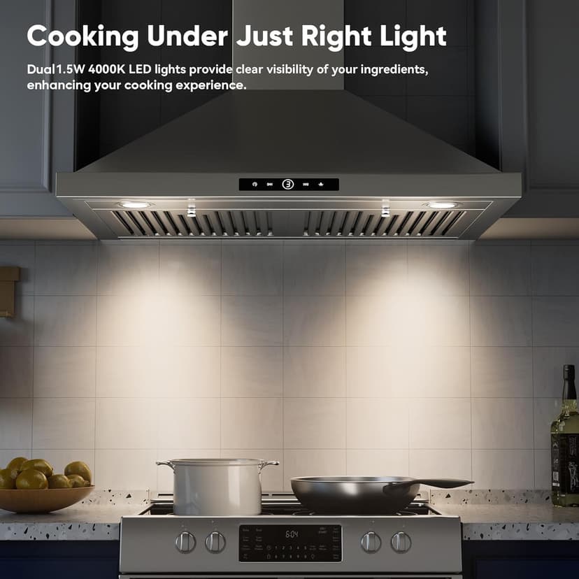 Wall Mount Range Hood 30 inch, 580 CFM, Ducted/Ductless Convertible, Stainless Steel Kitchen Vent Hood with 3-Speed Fan and LED Lights