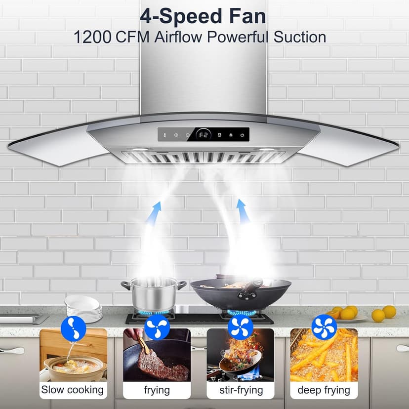 30 inch Range Hood Wall Mount, 1200 CFM with 4-Speed Gesture Sensing & Touch Control, Stainless Steel Ducted Kitchen Stove Vent Hoods with 2 LED Lights, Time Setting, Dishwasher-Safe Baffle Filters