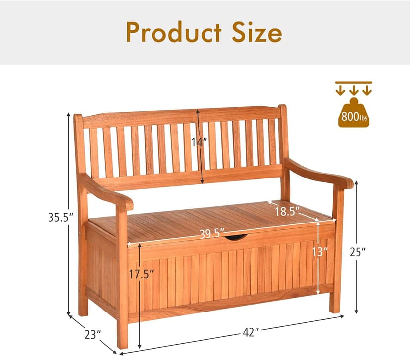 Safstar Outdoor Patio Bench with Storage Box, 33 Gallon Capacity, Wooden Frame, Eucalyptus Material, Natural Color, 42 x 23 x 35.5 Inches