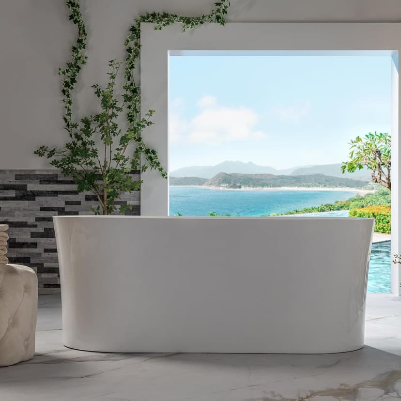 WOODBRIDGE 59" Acrylic Freestanding Bathtub Contemporary Soaking Tub with Matte Black Overflow and Drain,White Tub,B0058-MB