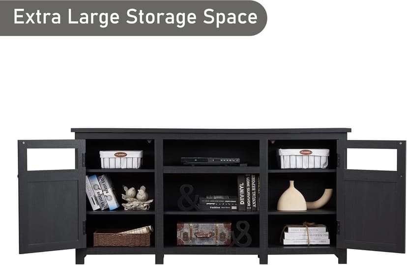 JXQTLINGMU Farmhouse TV Stand for 75 Inch TV, Entertainment Center with Storage, Rustic TV Cabinet with Barn Doors, 66" TV Console for Living Room, Adjustable Shelf - Black