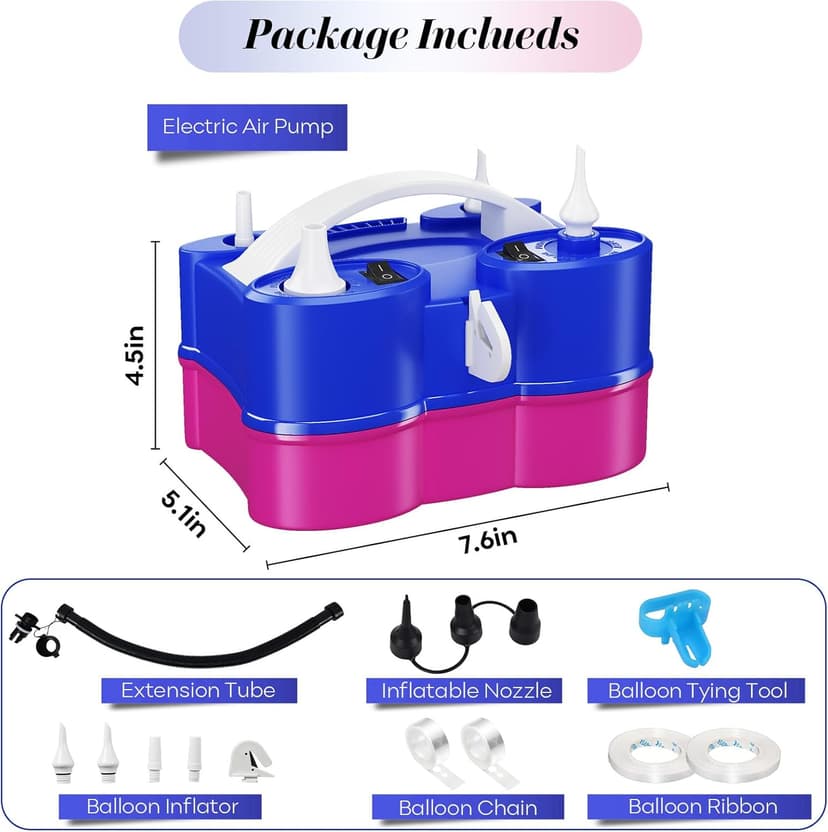 Electric Balloon Pump, 3-in-1 Portable Air Pump for Inflatables and Balloons, Dual Nozzle Balloon Blower Machine for Latex 260q Foil Balloons 110V Inflator Deflator for Pool Floats Air Mattress