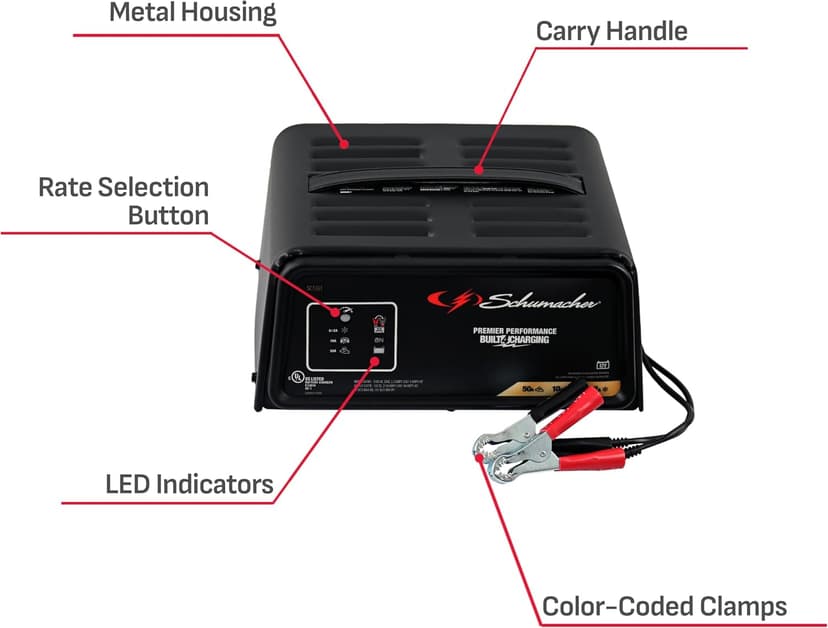Schumacher Electric 50A 12V Car Battery Charger, Engine Starter & Maintainer - Fully Automatic Battery Charger for Cars, Trucks & RVs - 6A Charge/ 2A Maintain & 10A Boost Modes - SC1361