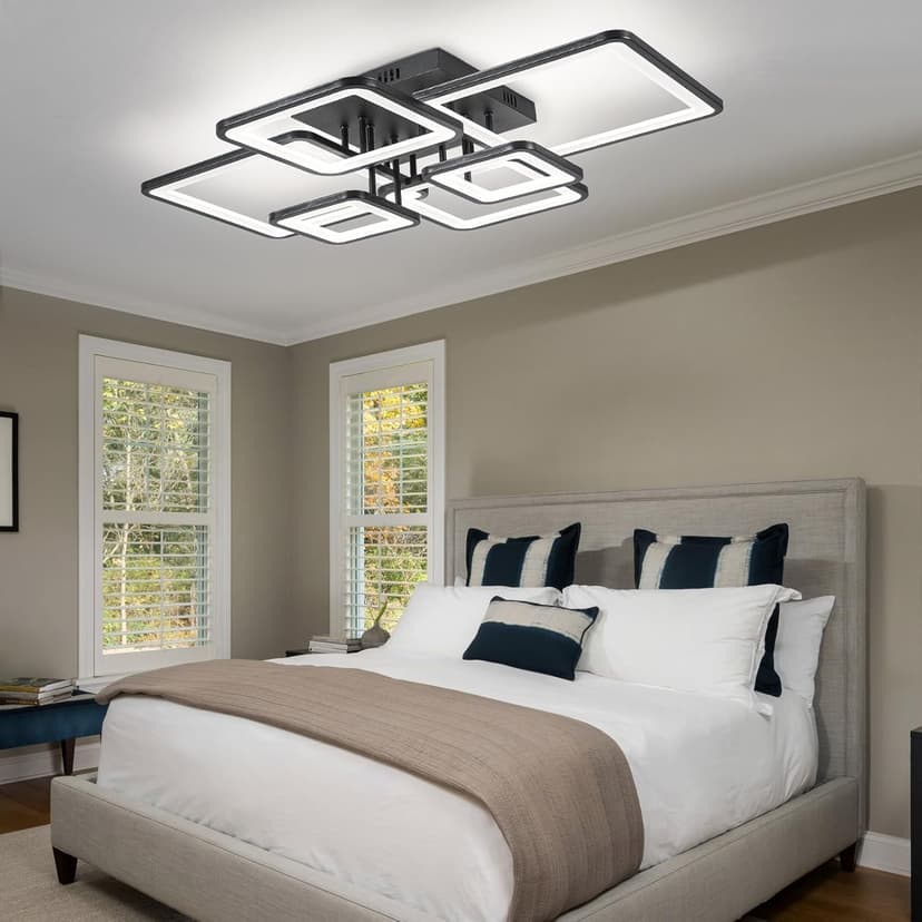 Modern LED Ceiling Light Fixture Black Kitchen Lighting Fixtures Ceiling for Bedroom 31.5" Dimmable 6 Ring Square Ceiling Light for Kitchen with Remote Control for Living Room,Dining Room