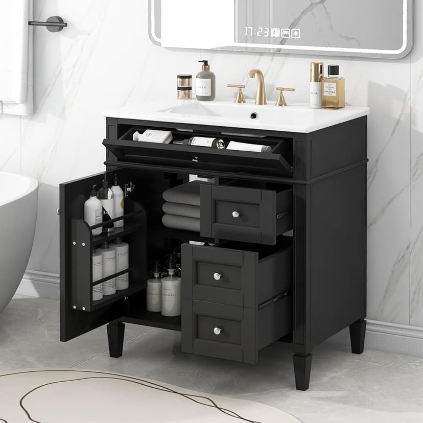 Modern 30" Bathroom Vanity with Sink, Bathroom Storage Cabinet with 2 Drawers, 1 Tip-Out Drawer and 1 Door, Freestanding Bathroom Vanities, Soft Closing, Solid Wood Frame