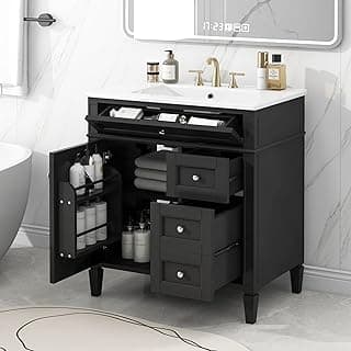 Modern 30" Bathroom Vanity with Sink, Bathroom Storage Cabinet with 2 Drawers, 1 Tip-Out Drawer and 1 Door, Freestanding Bathroom Vanities, Soft Closing, Solid Wood Frame