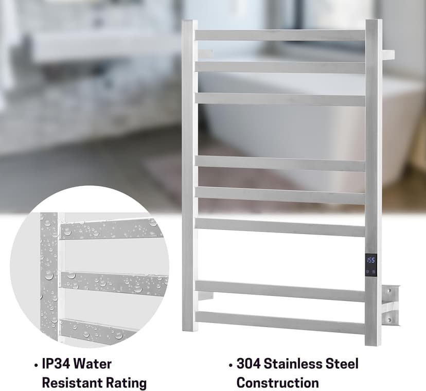 8-Bar Heated Towel Rack - Slim Design, Quick Heating, Adjustable Temperature, 24-Hour Timer - Brushed Stainless Steel - Ideal for Hot Towels in Bathroom
