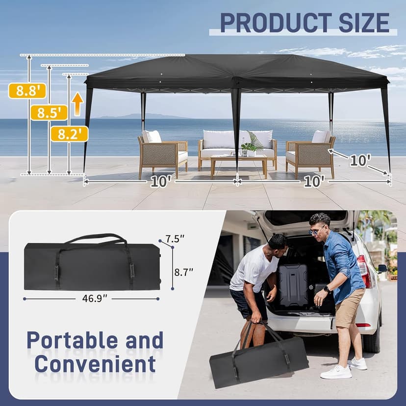 VINGLI 10x20 ft Pop Up Canopy Tent with 6 Sidewalls, Carry Bag, Outdoor Gazebo, Patio Event, Commercial Canopy (Black)