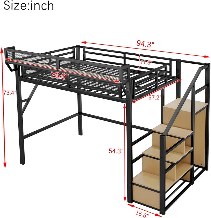 Full Size Loft Bed with Stairs and Storage, Metal Loft Bed Frame with Bedside Shelf and Large Under-Bed Space, Heavy-Duty Bed for Adults Teens and Kids, Black