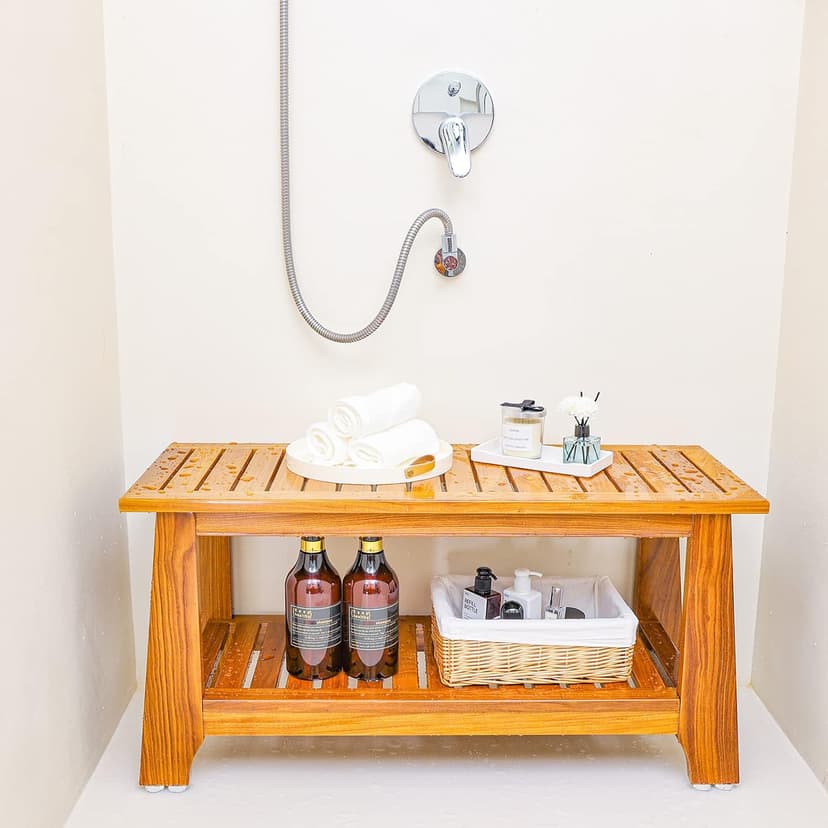 NNN 24" Commercial Teak Shower Bench - 8 Non-Slip Leveling Feet & 350 lbs Capacity | Rock-Solid Stability for Seniors & Spa Safety | Waterproof Design for Saunas/Outdoor Pools (Patented)