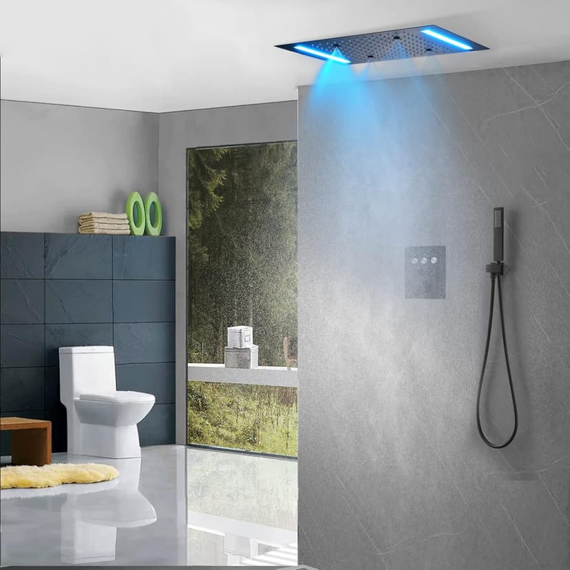 14 X 20 Inch LED Rain Ceiling Shower Head with Hand Sprays Thermostatic Rainfall Shower System Set Digital Display Matte Black