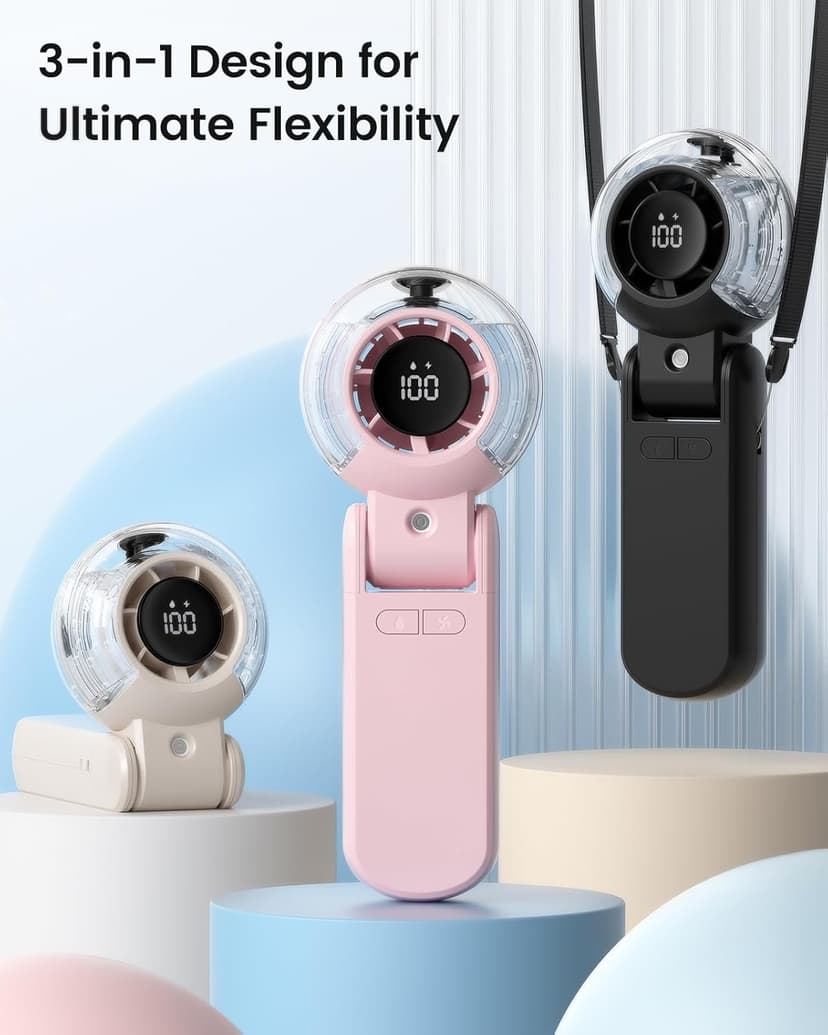 TriPole Misting Fan Portable Handheld Turbo Fan with Mist, LED Display, Neck & Desk Foldable High Speed Airflow Mini Fans, Rechargeable Personal Mister Fans with Water Spray Bottle for Outdoor Travel