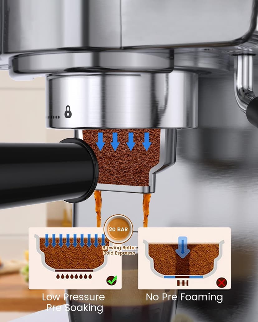 Espresso Machine 20 Bar, Milk Frother Steam Wand, 60oz (1.8 Liters) Water Tank, 1350W for Home Barista Espresso Latte Macchiato and Cappuccino Maker