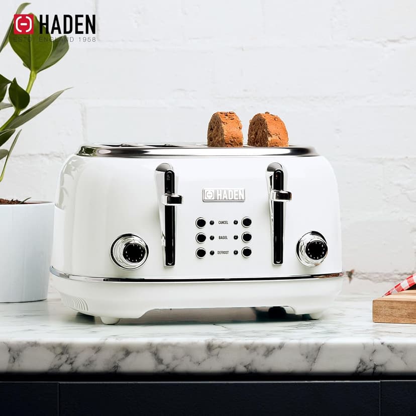HADEN Heritage Stainless Steel Body Retro Electric Tea Kettle, White and Haden Heritage 4 Slice Wide Slot Stainless Steel Retro Toaster, White