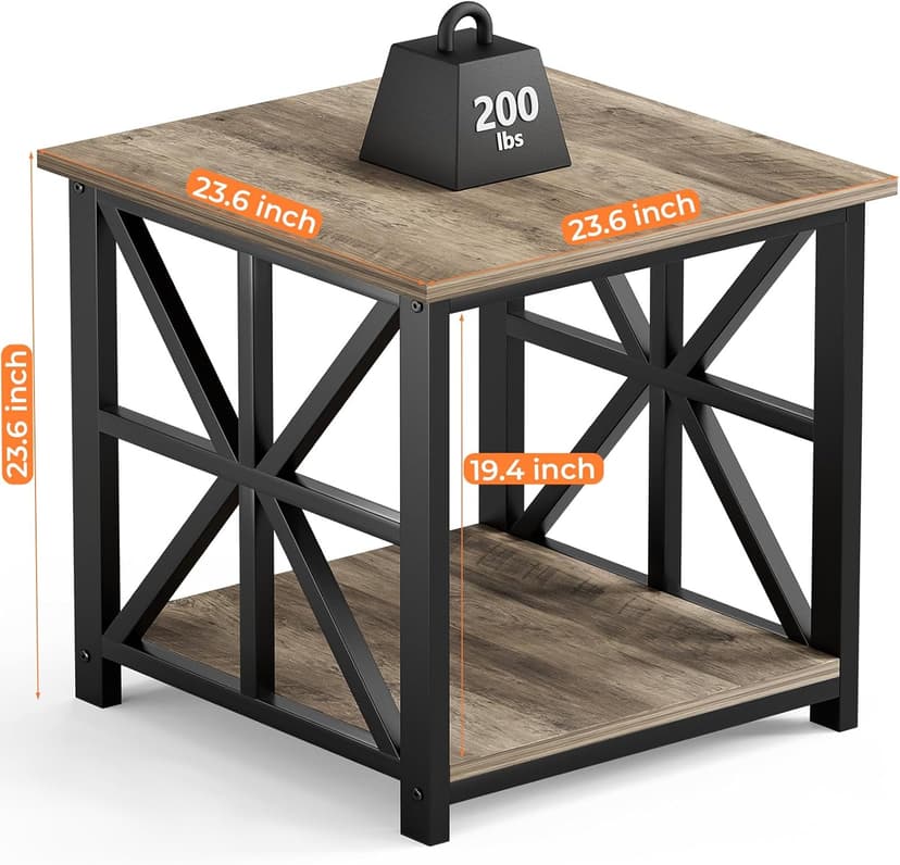 GreenForest End Table with 2-Tier Storage Shelf, 24 inch Large Side Table for Living Room,Modern Nightstand for Bedroom Bedside Office Farmhouse, Grey Wash