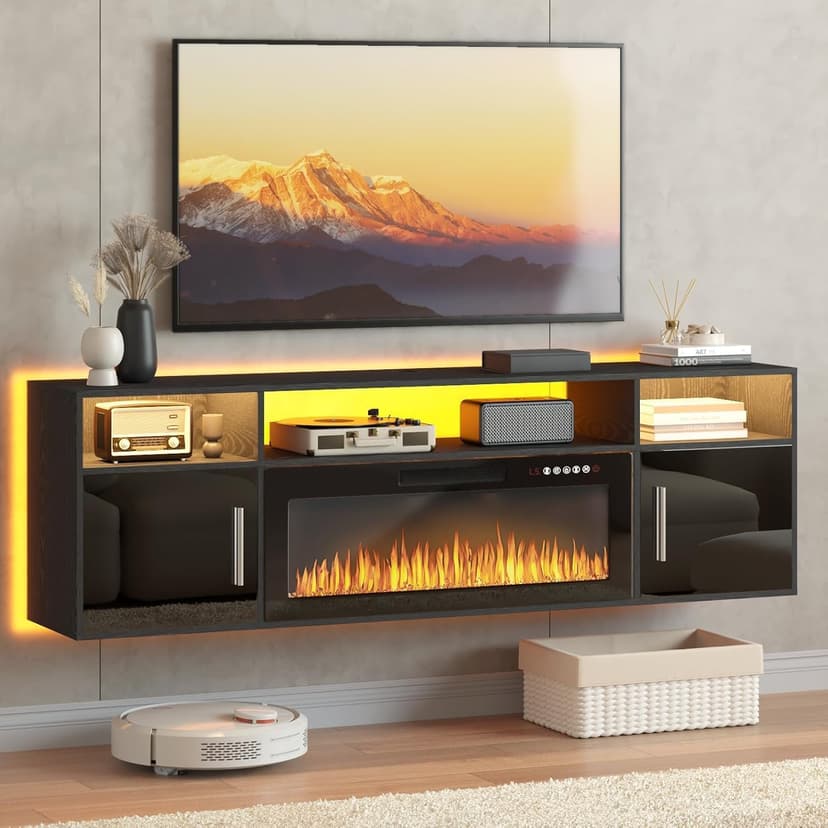 PUKAMI 70" Floating TV Stand with 36" Electric Fireplace,Wall Mounted Fireplace Entertainment Center with LED Lights and Highlight Storage Cabinet for TVs up to 80", for Living Room (Black)