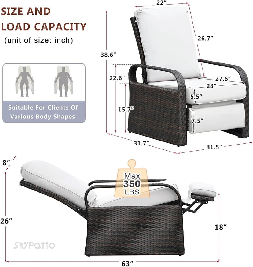 Skypatio Outdoor Recliner Chair, Adjustable All-Weather Wicker Oversized Patio Reclining Chair, Aluminum Patio Rattan Armchair with Thick Cushion for Porch, Balcony, Indoor