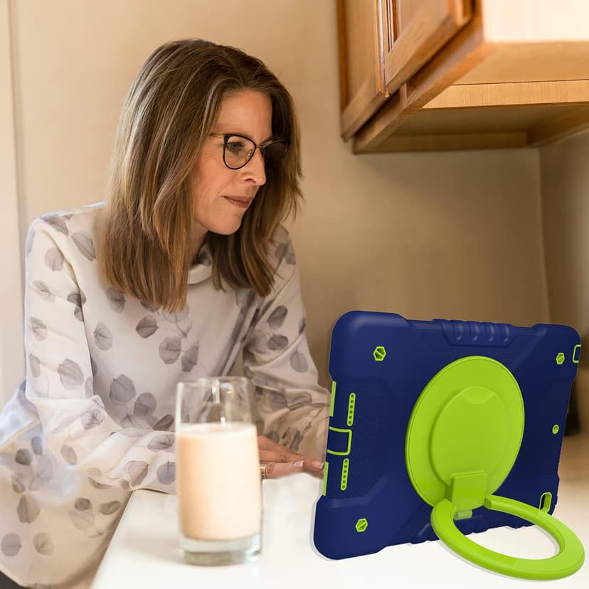 Case for iPad 9th/8th/7th Generation 10.2 inch, Heavy Duty Shockproof Cover with 360° Rotating Handle/Bracket/Pen Holder/Shoulder Strap, Kid Case for iPad 2021/2020/2019, Navy+Green