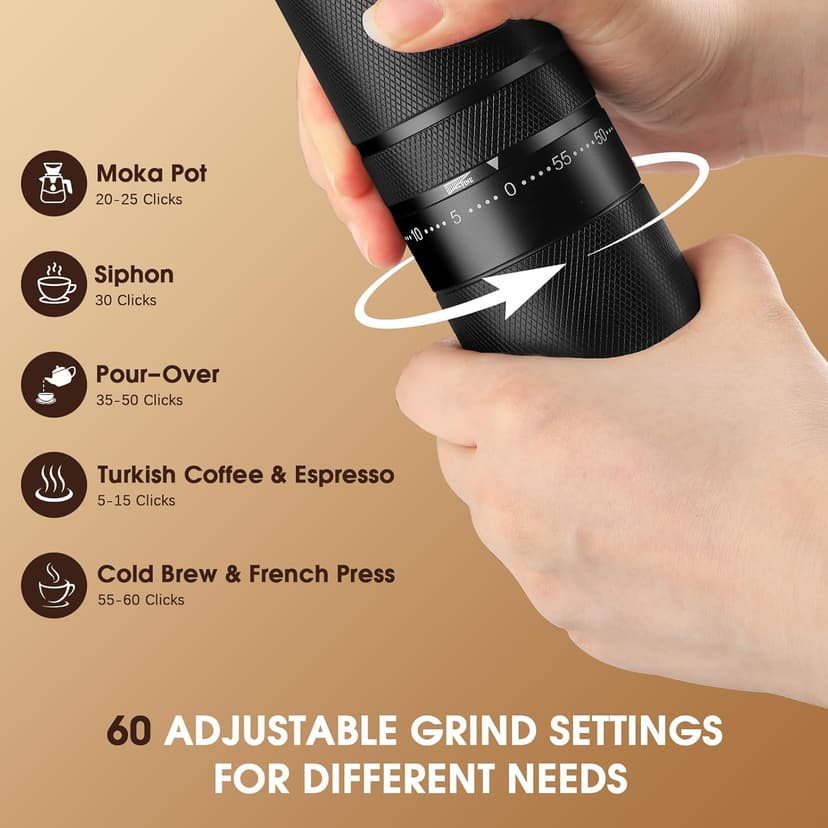 Portable Manual Coffee Grinder – 60 Precision Grind Settings, Stainless Steel Conical Burr Mill for Espresso, French Press & Travel