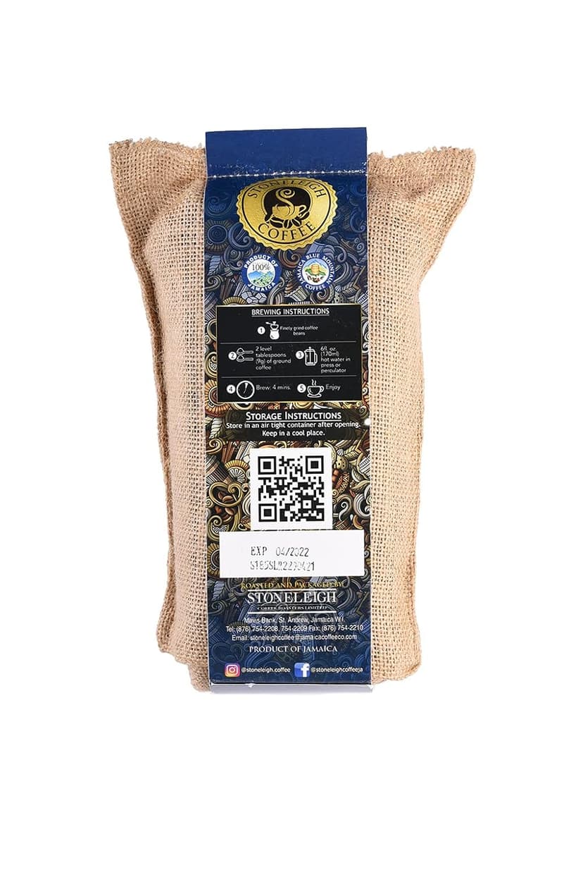 Stoneleigh Coffee – Premium 100 Grade A Jamaica Blue Mountain Coffee Roasted Beans– Genuine Jamaican Product - Traditional Jamaican Crocus (Burlap) Bag Packed Ideal for Gifting, 16oz