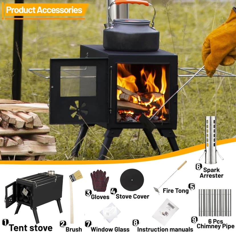 Hot Tent Stove,AVOFOREST Wood Burning Stove,Small Wood Stove with 7 Stainless Chimney Pipes for Outdoor Heating & Cooking, Ice Fishing, Hunting