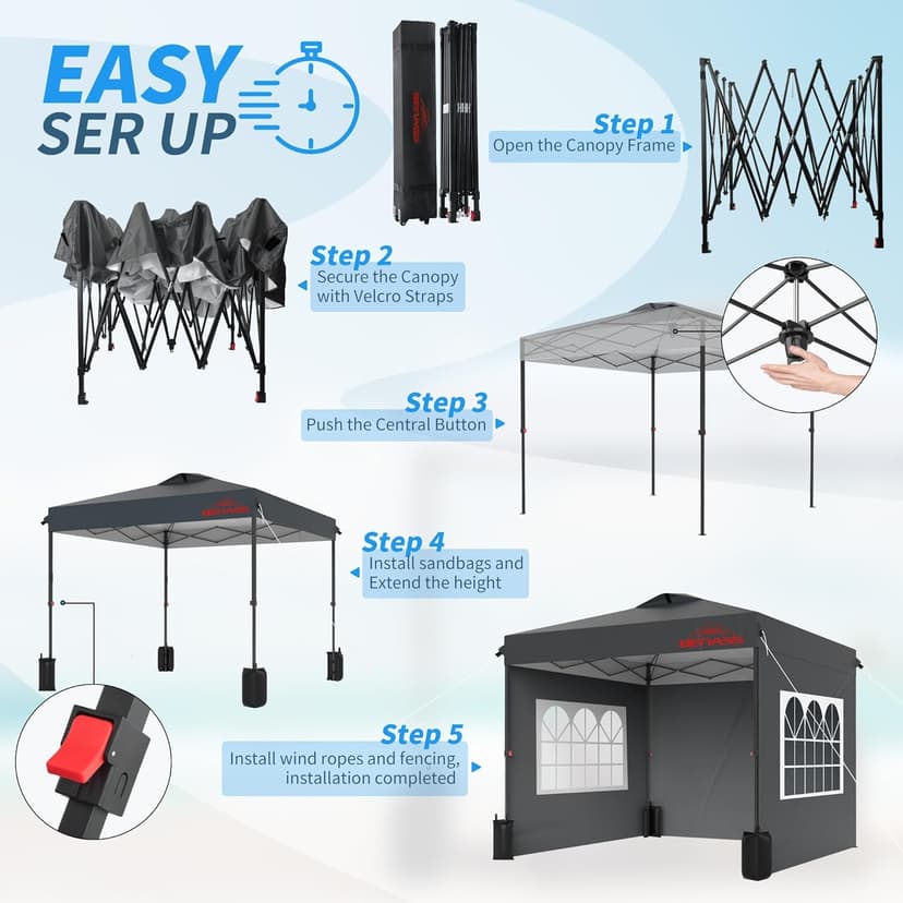 10x10 Pop Up Canopy with Sidewalls, Easy Up Canopy Tent, Heavy Duty Tents for Parties, One Person Set Up Event Tent, Grey
