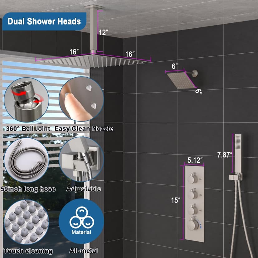 Enga Thermostatic Dual Head Shower System, 16" + 6" Dual Rainfall Shower System (Can All Run Together & Volume Adjustable) Dual Shower Head Combo Set, Brushed Nickel