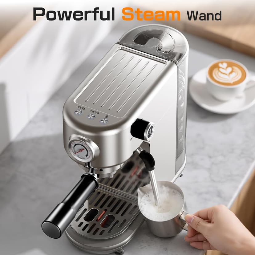 Espresso Machine Upgrade, 20 Bar Compact Espresso Coffee Machine with Milk Frother, Stainless Steel Coffee Maker with 44oz Removable Water Tank & Fast Heat System for Cappuccino, Latte