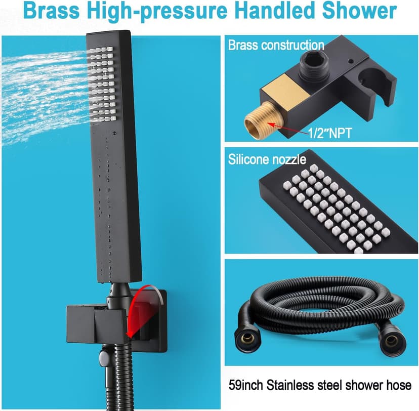 HOMEDEC 12inch Rain Shower System with Full Body Jets Sprays, Ceiling LED Brass Shower Faucet Set with 3 Functions Thermostatic Valve, Can Use All Function At Once