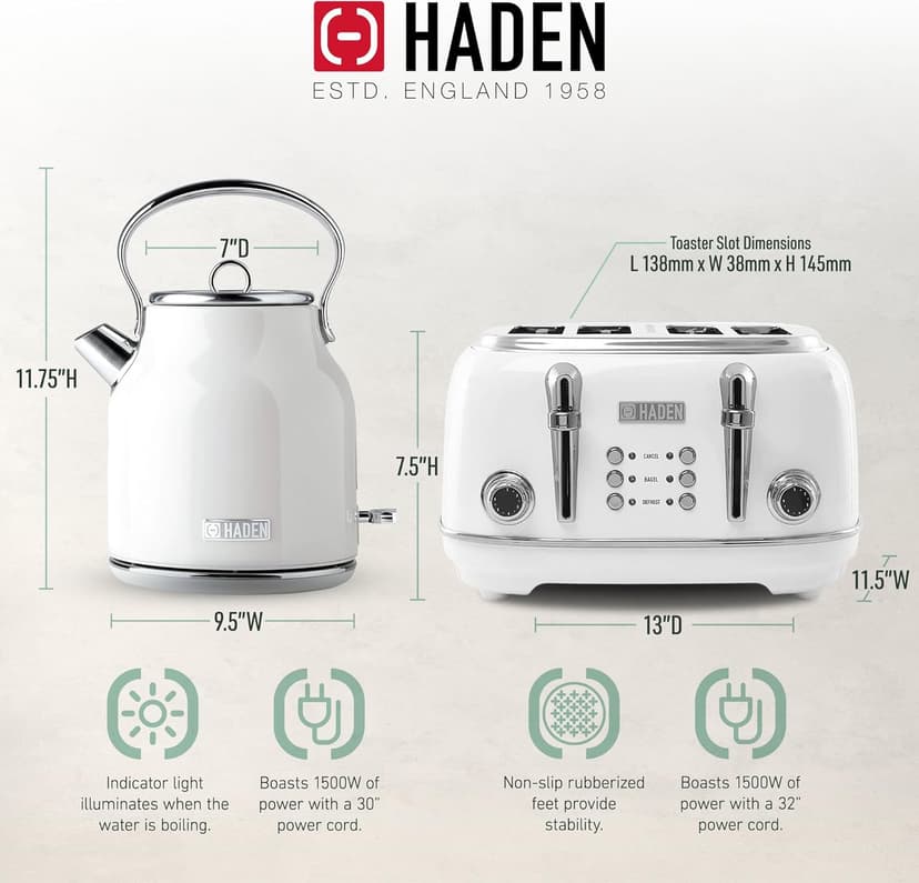HADEN Heritage Stainless Steel Body Retro Electric Tea Kettle, White and Haden Heritage 4 Slice Wide Slot Stainless Steel Retro Toaster, White