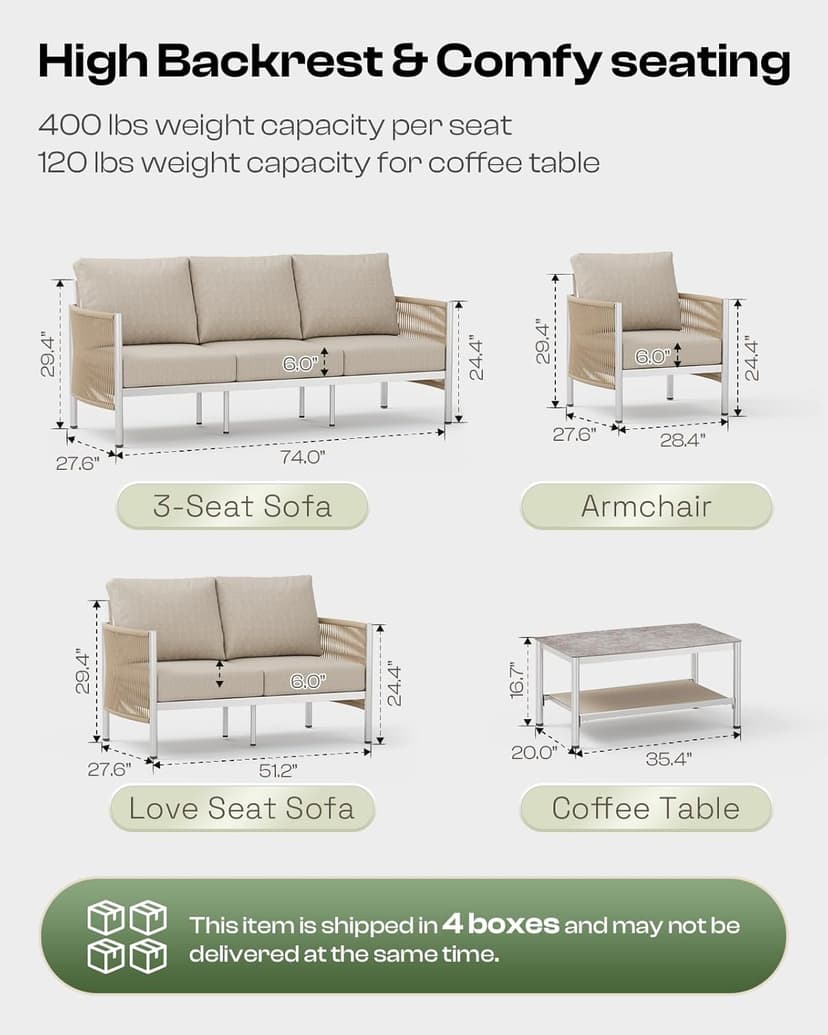 Aluminum Outdoor Patio Furniture Set, HDPE Rope 5 Piece Modern Sectional Conversation Sets with Dual-Layer Coffee Table, All Weather Patio Couch Sofa with Thick Cushions, Silver Frame, Beige
