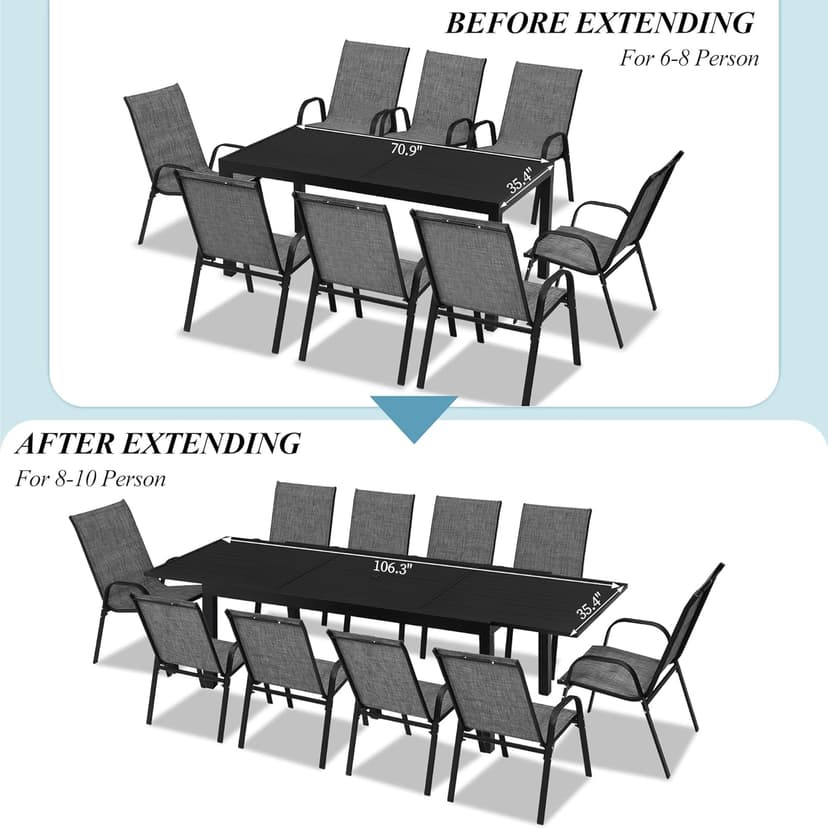 Outdoor Expandable Dining Table 71"-106" Aluminum Patio Dinner Table for 8-10 Person, Rectangular Metal Collapsible Tables with Umbrella Hole, Patio Tables with Extendable Top for Garden, Backyard