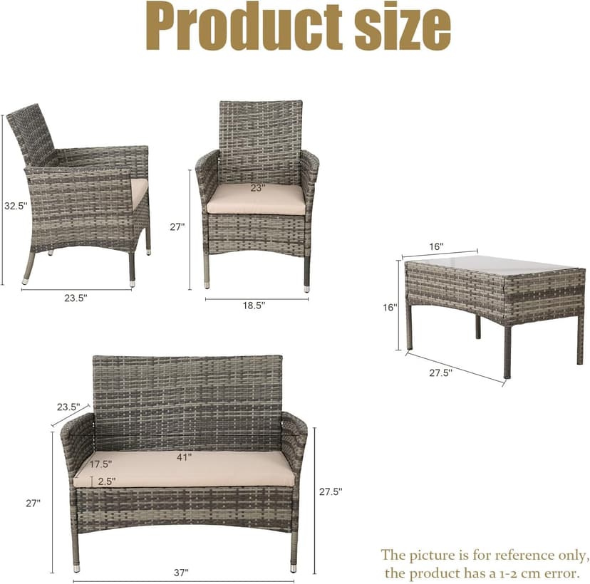4 Piece Wicker Outdoor Furniture Set, Patio Conversation Set, Woven PE Rattan and Steel with Beige Removable Cushions for Patio, Deck, Lawn and Poolside (Hemp Gray and Beige)