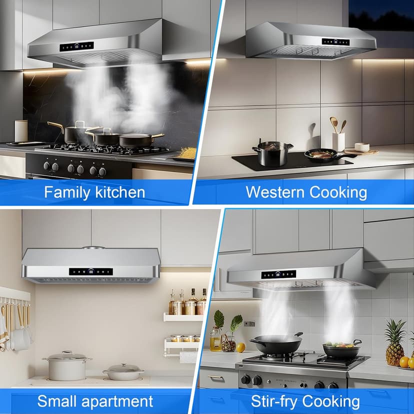 30 Inch Under Cabinet Range Hood with 1200CFM Powerful Suction,Stainless Steel Ducted Vent Hood with 4 Speeds,Smart Touch Panel, 3W LED Lights, Quiet Kitchen Exhaust Hood,18B-E30