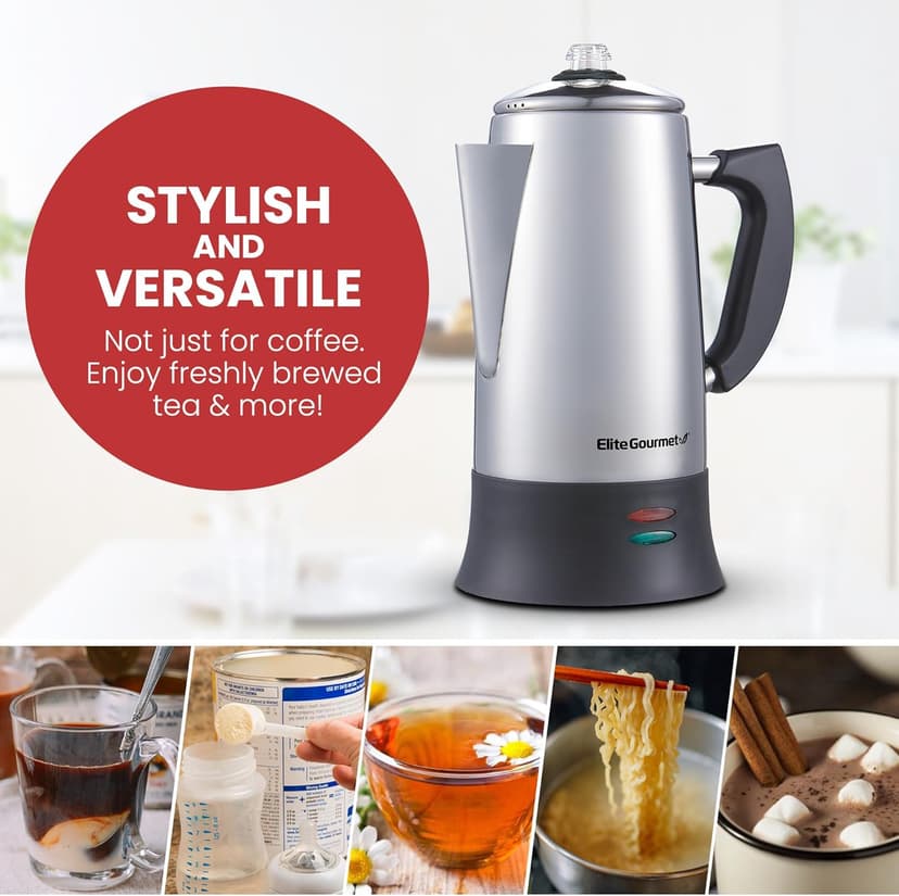 Elite Gourmet EC923 Electric Coffee Percolator, BPA Free, Keep Warm, Clear Brew Progress Knob, Cool-Touch Handle, Cordless Serve, 12-Cup, Stainless Steel