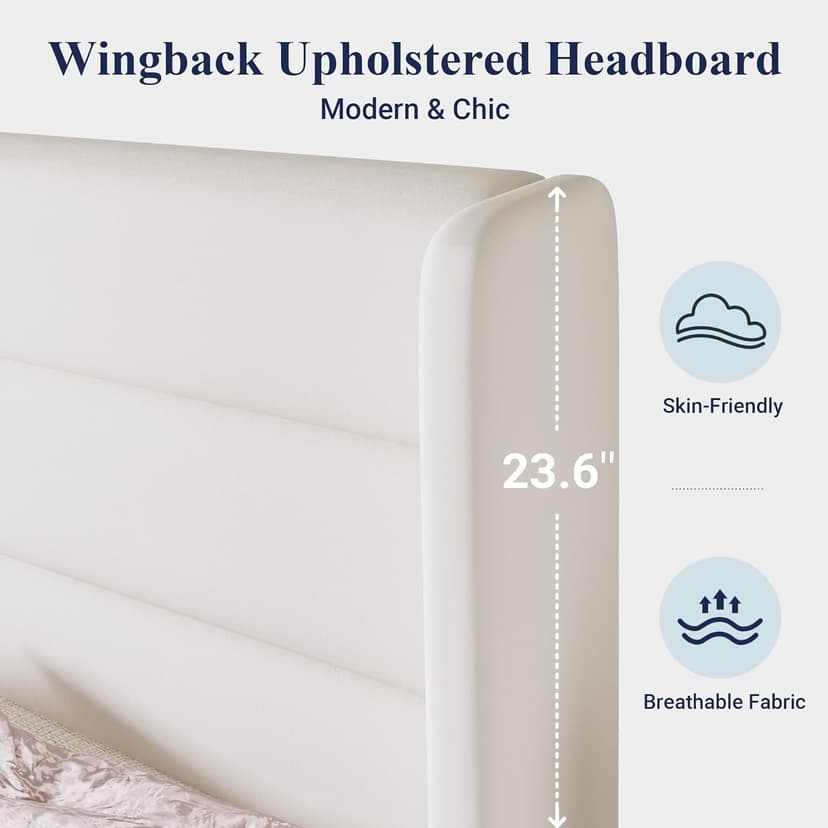Allewie Queen Size Platform Bed Frame with Velvet Upholstered Wingback Headboard, No Box Spring Needed, Under Bed Storage Space, Strong Wooden Slats, Modern Mattress Foundation, Easy Assembly, White
