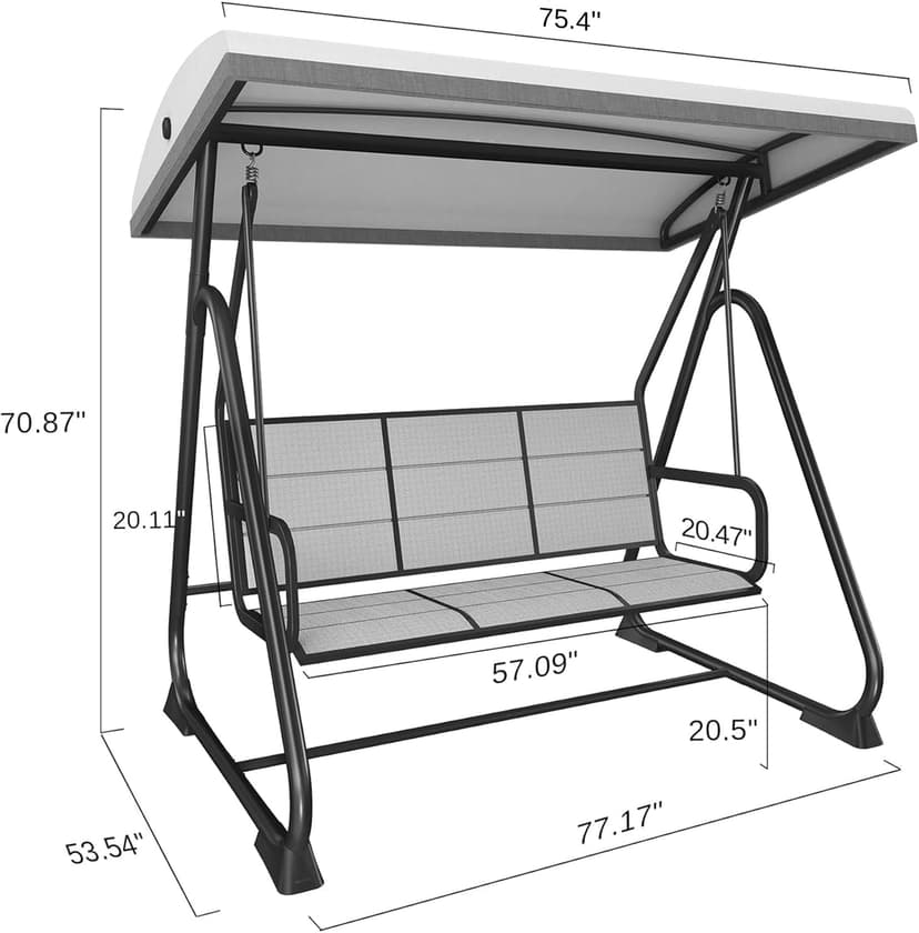 EAST OAK 3-Person Outdoor Patio Swing Chair with Adjustable Canopy, Porch Swing with Comfortable and Breathable Seats, Outdoor Swing Chairs for Garden, Balcony, Backyard, Charcoal Black