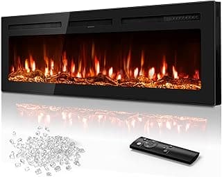 60 Inch Electric Fireplace in-Wall Recessed and Wall Mounted, Ultra-Thin Linear Fireplace Heater 750/1500W with Realistic Flame, Higher Temperatures & Lower Noise, Log Set & Crystal Options