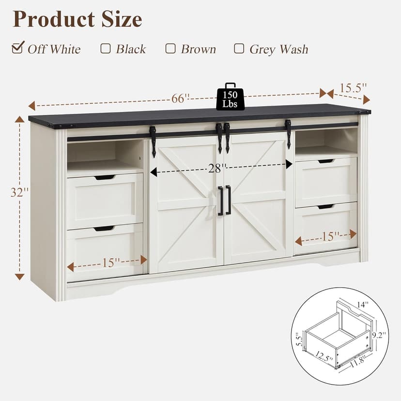 Farmhouse TV Stand for 75+ Inch TV, 32" Tall Entertainment Center w/4 Drawers & Sliding Barn Door, Rustic Media Console w/Storage Shelves, 66" Wood Television Stand for Living Room, Off White