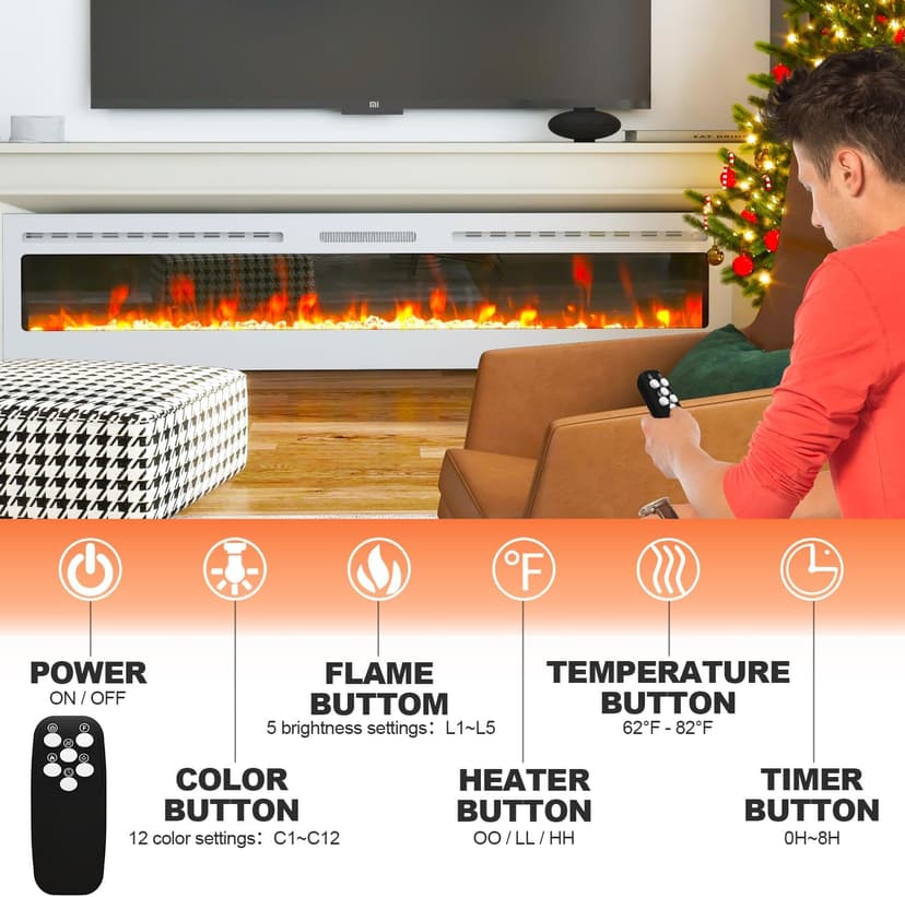 80" Electric Fireplace Wall Mounted & Recessed with Remote, 750w/1500w Ultra-Thin Wall Fireplace Inserts, Electric Fire Place W/8H Timer, Adjustable Flame Colors and Brightness Silent